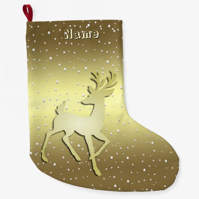 Golden Reindeer Snowy Holiday Stocking Großer Weihnachtsstrumpf (Vorderseite)