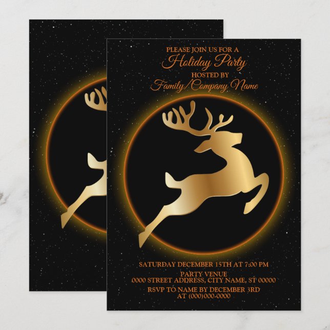 Golden Rentier Black Holidays Party Einladung (Vorne/Hinten)