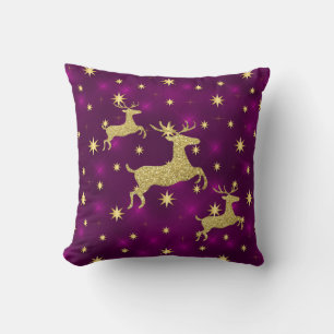 Golden Rentier & Stars Lila Kissen