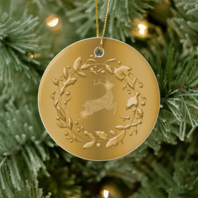 Golden Rentier und Kraut Weihnachten Keramikornament (Baum)