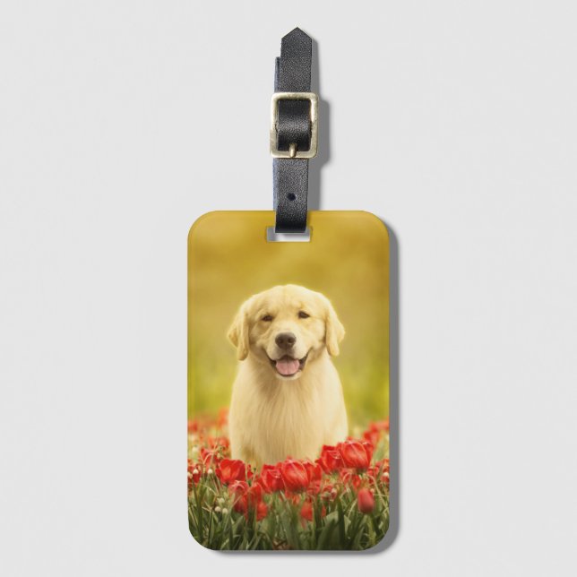Golden Retirever in Roten Blume Gepäckanhänger (Vorderseite Vertikal)