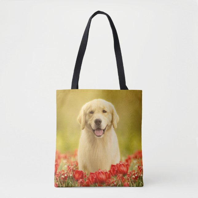 Golden Retirever in Roten Blume Tasche (Vorderseite)