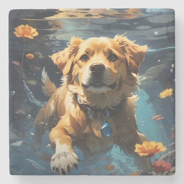 Golden Retreifer Schwimmen mit Blume Steinuntersetzer (Vorderseite)