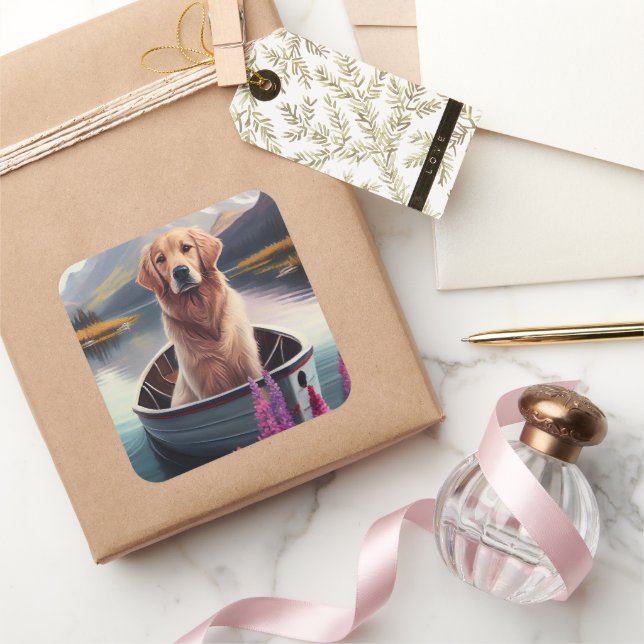 Golden Retriever auf dem Paddle: Ein Landschaftlic Quadratischer Aufkleber (Schenken)