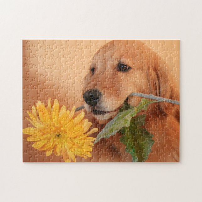 Golden Retriever Avec Flower Jigsaw Puzzle (Horizontal)