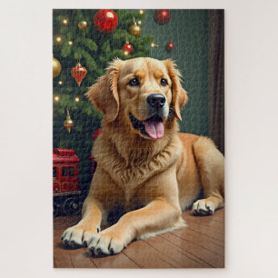 Golden Retriever bei der Spielzeugeisenbahn Weihna