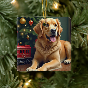 Golden Retriever bei der Spielzeugeisenbahn Weihna Keramikornament