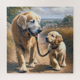Golden Retriever beim Spazieren auf einer Landstra