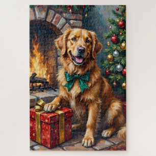 Golden Retriever bewacht geduldig ein Weihnachtsge