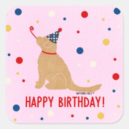 Golden Retriever Birthday Rosa Hintergrundblasen Quadratischer Aufkleber
