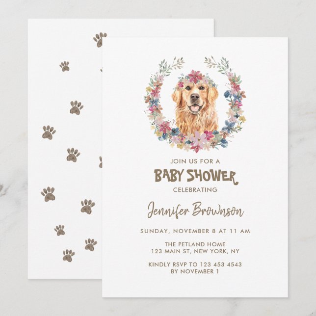 Golden Retriever Blume Wreath Dog Babydusche Einladung (Vorne/Hinten)