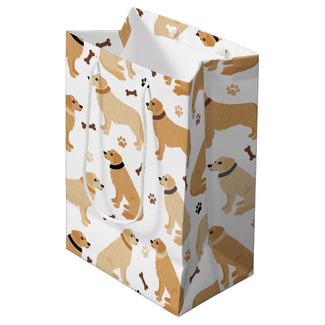 Golden Retriever Bones and Paws Medium Gift Bag Mittlere Geschenktüte (Vorderseite Schrägansicht)