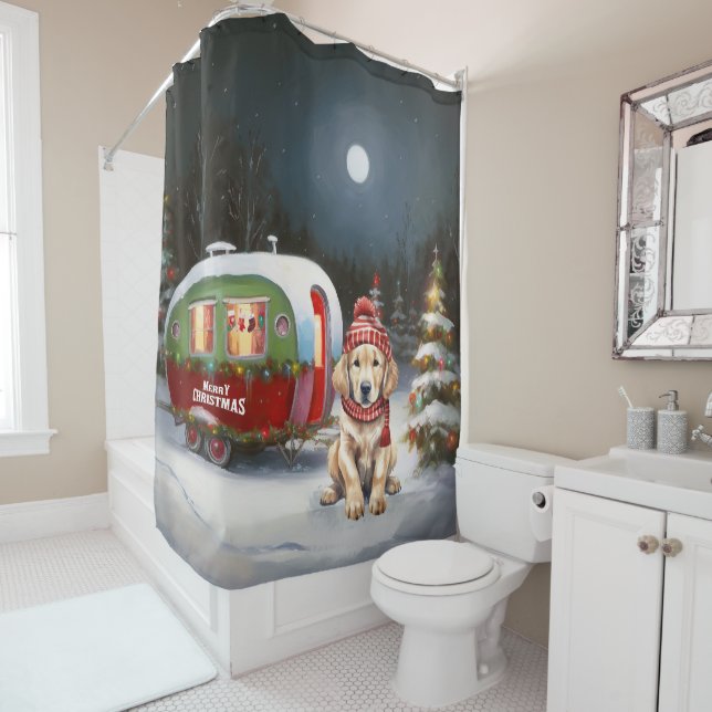 Golden Retriever Caravan Weihnachtsabenteuer Duschvorhang (Beispiel)
