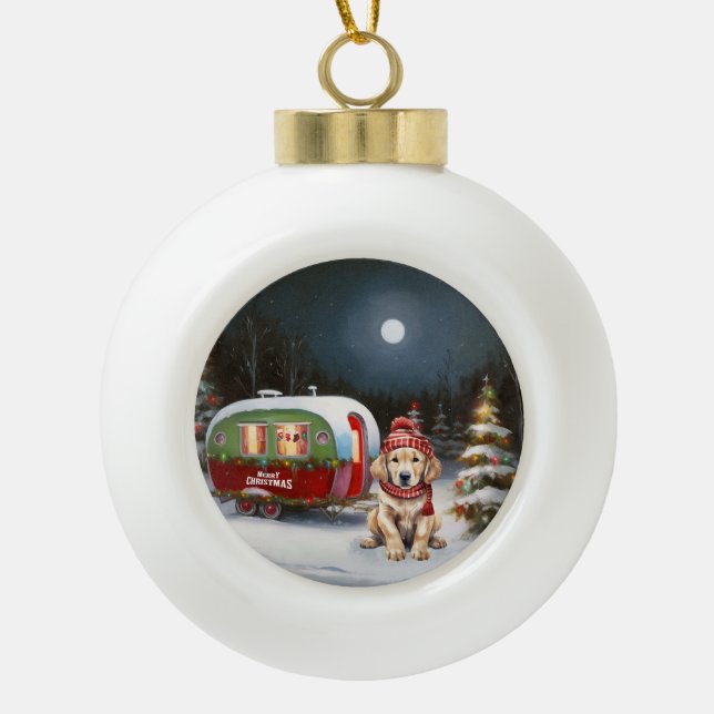 Golden Retriever Caravan Weihnachtsabenteuer Keramik Kugel-Ornament (Vorderseite)