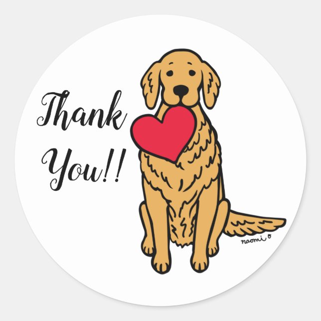 Golden Retriever Cartoon Red Heart Vielen Dank Runder Aufkleber (Vorderseite)