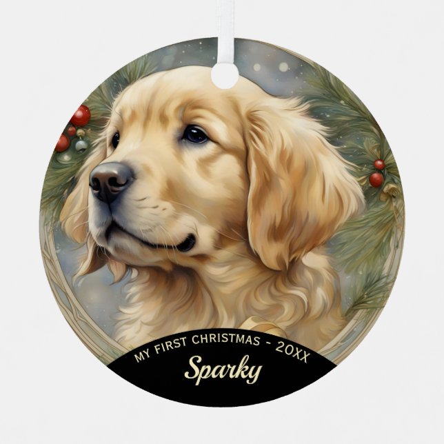 Golden Retriever Chiot Premier ornement de Noël (Recto)
