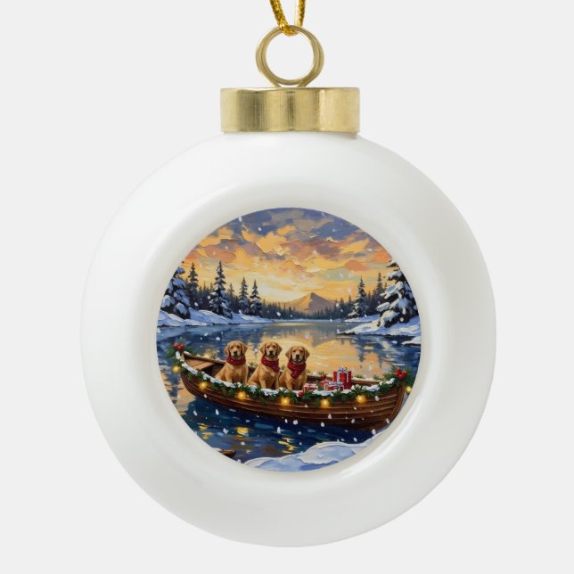 Golden Retriever Christmas Boat Holiday Keramik Kugel-Ornament (Vorderseite)