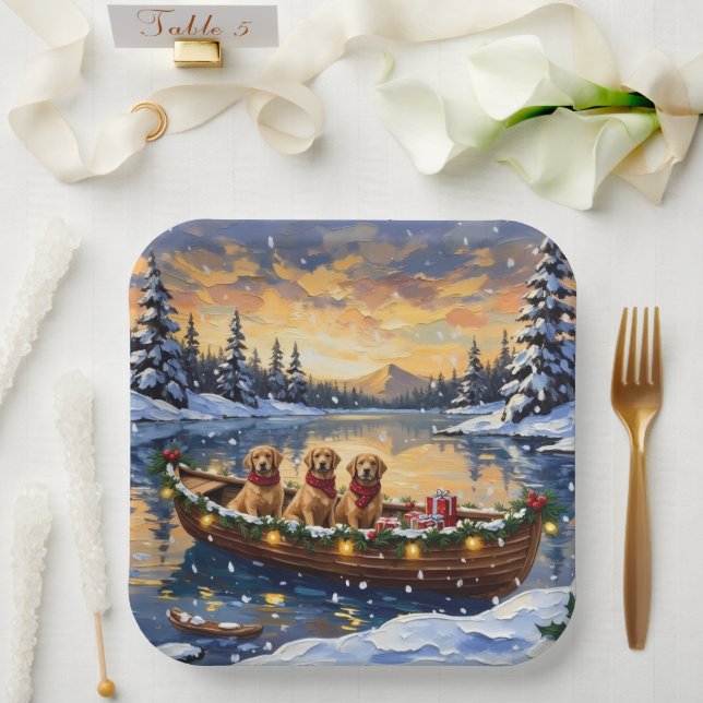 Golden Retriever Christmas Boat Holiday Pappteller (Hochzeit)