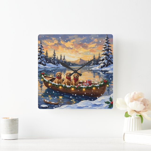 Golden Retriever Christmas Boat Holiday Quadratische Wanduhr (Zuhause)