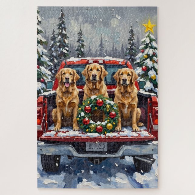 Golden Retriever Christmas Red Truck Holiday (Vertikal)