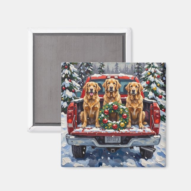 Golden Retriever Christmas Red Truck Holiday Magnet (Vorderseite/Rückseite)