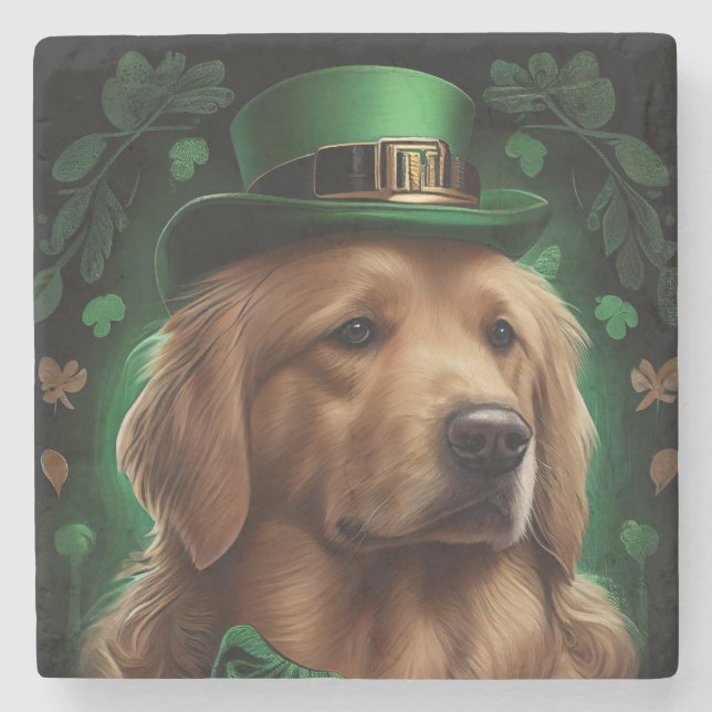 Golden Retriever Dog am St. Patrick's Day Steinuntersetzer (Vorderseite)