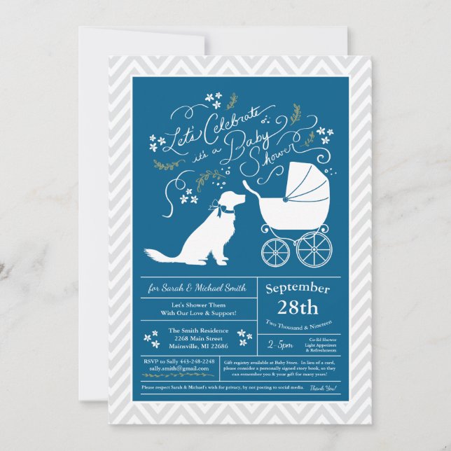 Golden Retriever Dog Baby Dusche Französisch Blue  Einladung (Vorderseite)
