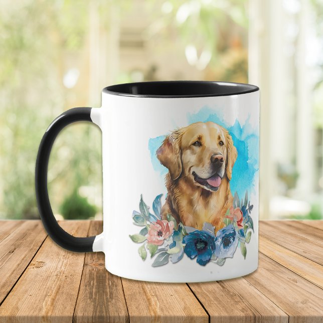 Golden Retriever Dog Blue Floral Bouquet Tasse (Von Creator hochgeladen)