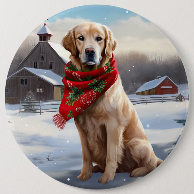 Golden Retriever Dog in Schnee Weihnachten Button (Vorderseite)