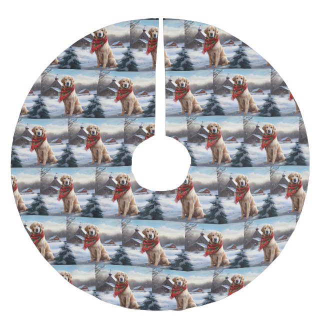 Golden Retriever Dog in Schnee Weihnachten Polyester Weihnachtsbaumdecke (Vorderseite)