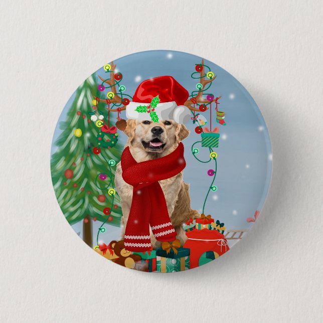 Golden Retriever Dog in Snow mit Weihnachtsgeschen Button (Vorderseite)