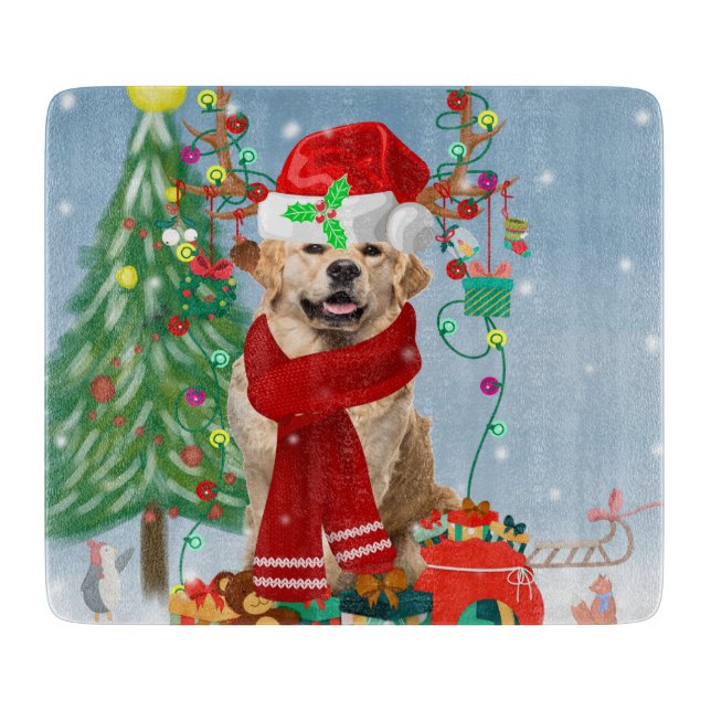 Golden Retriever Dog in Snow mit Weihnachtsgeschen Schneidebrett (Vorderseite)