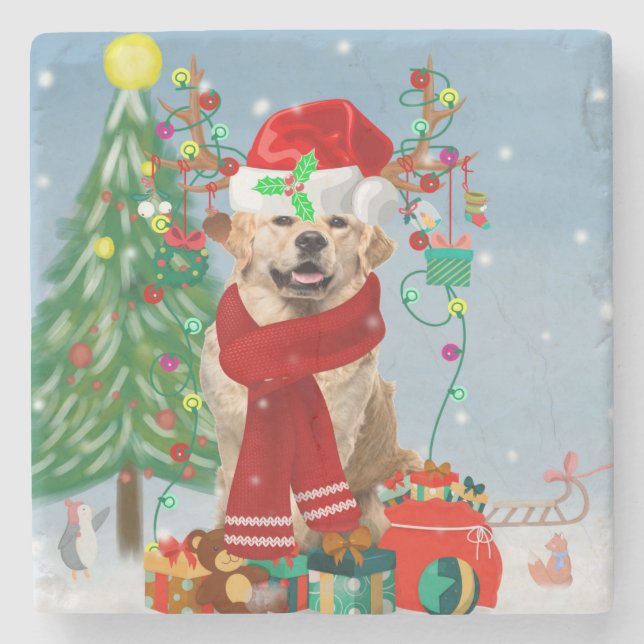 Golden Retriever Dog in Snow mit Weihnachtsgeschen Steinuntersetzer (Vorderseite)