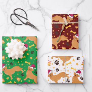 Golden Retriever Dog mit Weihnachtsmannmütze Weihn Geschenkpapier Set