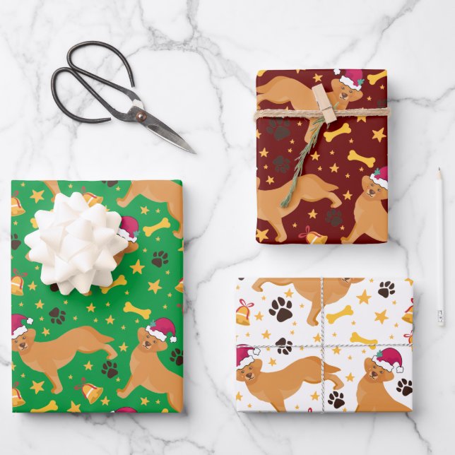 Golden Retriever Dog mit Weihnachtsmannmütze Weihn Geschenkpapier Set (Vorderseite)