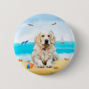 Golden Retriever Dog on Beach Button
