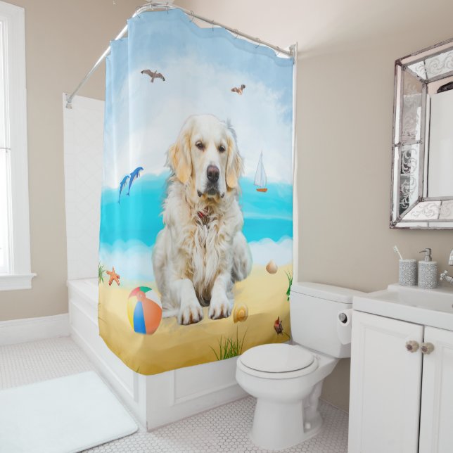 Golden Retriever Dog on Beach Duschvorhang (Beispiel)