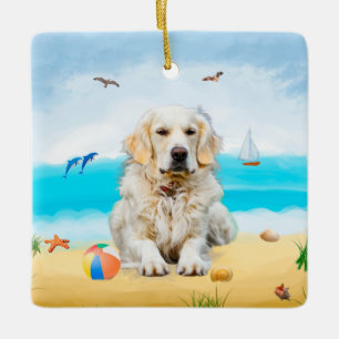 Golden Retriever Dog on Beach Keramikornament