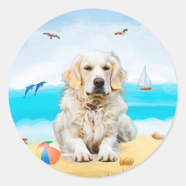 Golden Retriever Dog on Beach Runder Aufkleber (Vorderseite)