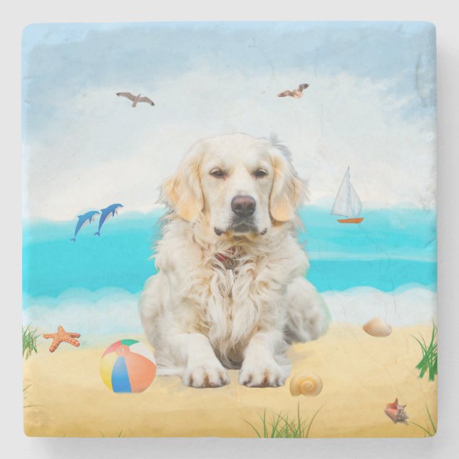 Golden Retriever Dog on Beach Steinuntersetzer (Vorderseite)