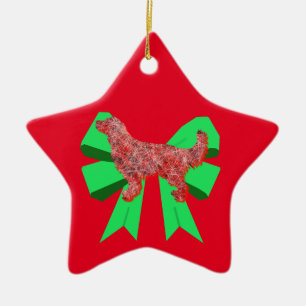 Golden Retriever Dog Red & Green Bow Weihnachten Keramik Ornament
