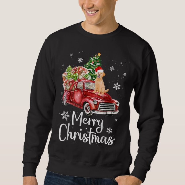 Golden Retriever Dog Riding Red Truck Weihnachten Sweatshirt (Vorderseite)