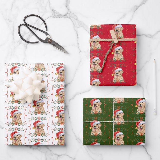 Golden Retriever Dog Santa Christmas Geschenkpapier Set (Vorderseite)