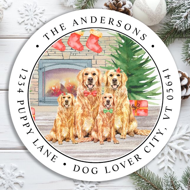 Golden Retriever Dog Weihnachts-Rücksendeadresse Runder Aufkleber (Von Creator hochgeladen)