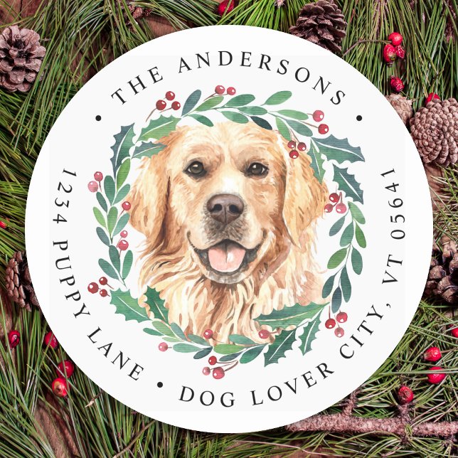 Golden Retriever Dog Weihnachts-Rücksendeadresse Runder Aufkleber (Von Creator hochgeladen)