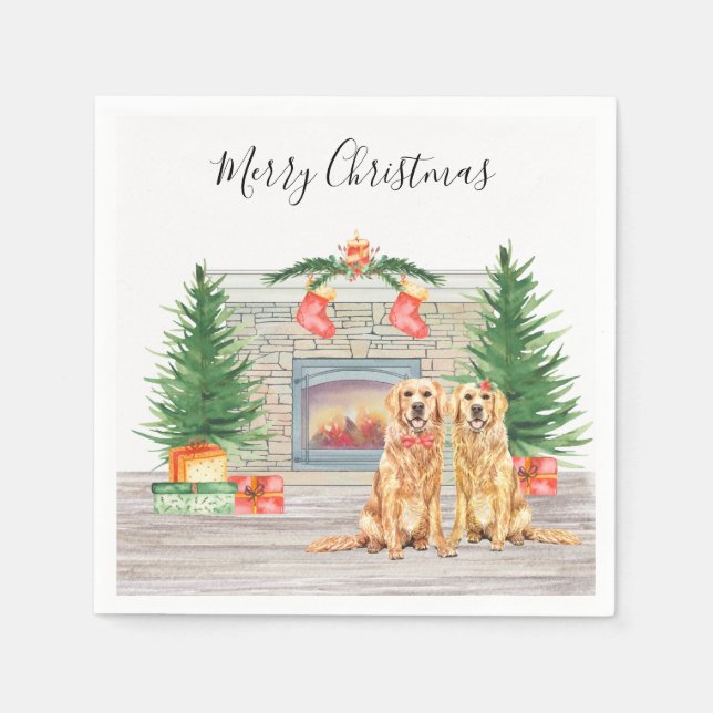 Golden Retriever Dog Weihnachtsfeiertag Feuerplatz Serviette (Vorderseite)