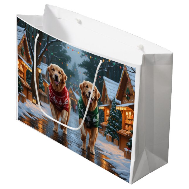 Golden Retriever Dogs Christmas Snow Holiday Große Geschenktüte (Vorderseite Schrägansicht)