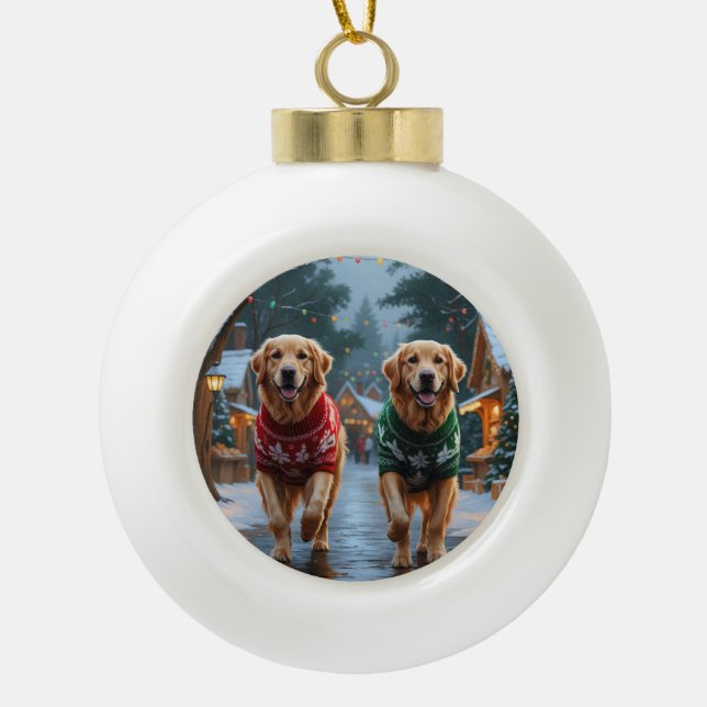 Golden Retriever Dogs Christmas Snow Holiday Keramik Kugel-Ornament (Vorderseite)