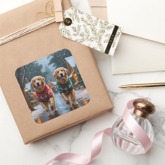 Golden Retriever Dogs Christmas Snow Holiday Quadratischer Aufkleber (Schenken)