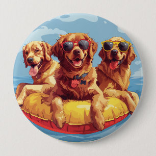 Golden Retriever Dogs Summer Pool Floods Button